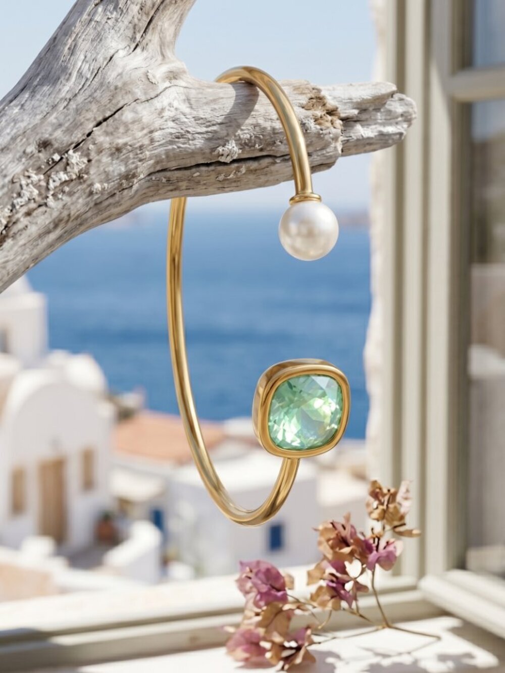 Green Crystal and Faux Pearl Open Cuff Bracelet Set Gold Plated Minimalist 2.2"
